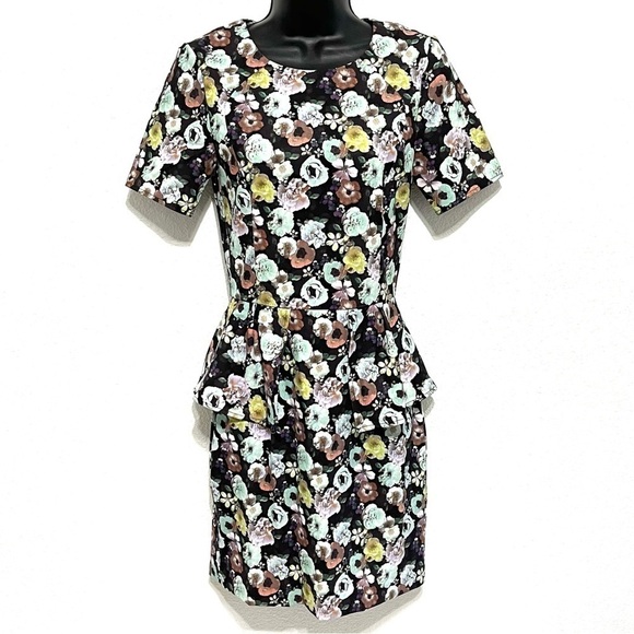 H&M Woman Black Blue Floral Peplum Midi Dress Size 4 - Picture 1 of 15